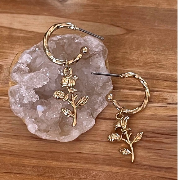 Jewelry - Small Boho Gold Round Hoop Post Earrings w/ Rose Charm -90's Inspo Y2K Gift -New